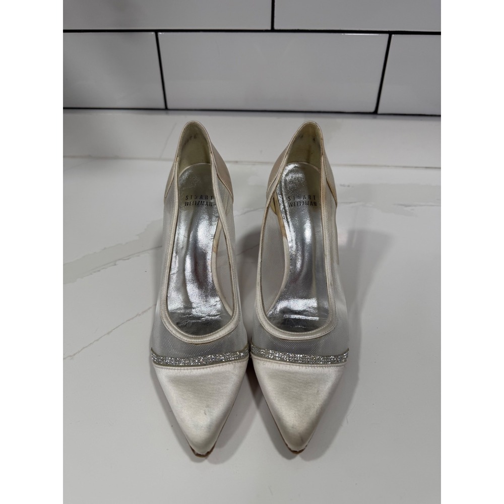 Stuart Weitzman Champagne Satin Mesh Crystal Pointed Toe Pumps Heels Womens 6